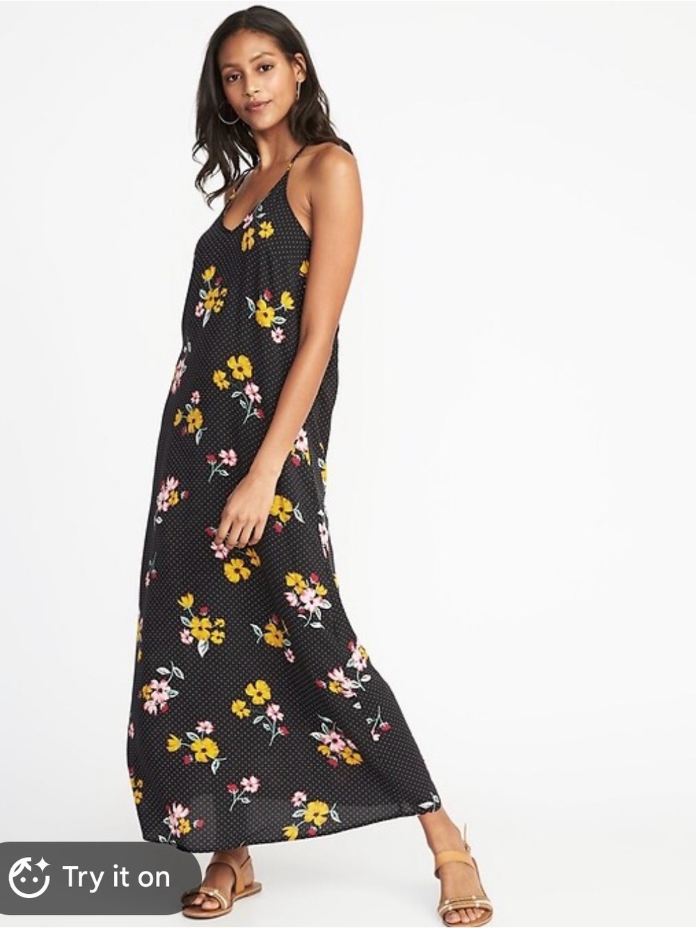 Black old navy Floral Maxi Dress with Yellow & Pink Blooms size medium